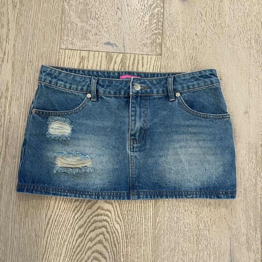 Edikted Denim Mini Skirt Medium Wash Slightly Distressed